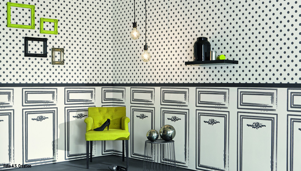 Bild Malerarbeiten: Malern und Tapezieren - Ein unverwechselbares Interieur mit gepunkteter Tapete, schwarz-weißer Täfelung und leuchtend grünen Sitzgelegenheiten mit eklektischem Dekor, aufgewertet durch Malerarbeiten. Fussbodentechnik Schwallach -Bodenbeläge, Vinylbelag, Parkett - Neckaraue 7 - 71686 Remseck