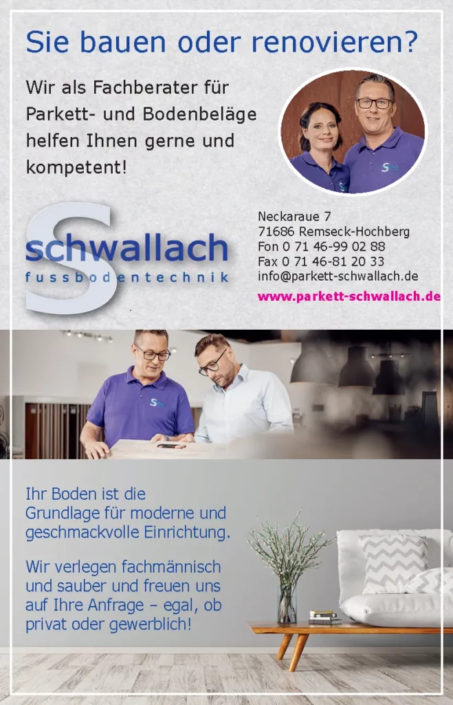Zwei Personen stehen in einem Raum neben einer Küchentheke. Der Text auf dem Bild hebt die Kontaktdaten und Dienstleistungen des Bodenlegerbetriebs Maler Lauer hervor und betont die Kompetenz im Bereich Parkett- und Bodenverlegung. - Fussbodentechnik Schwallach -Bodenbeläge, Vinylbelag, Parkett - Neckaraue 7 - 71686 Remseck