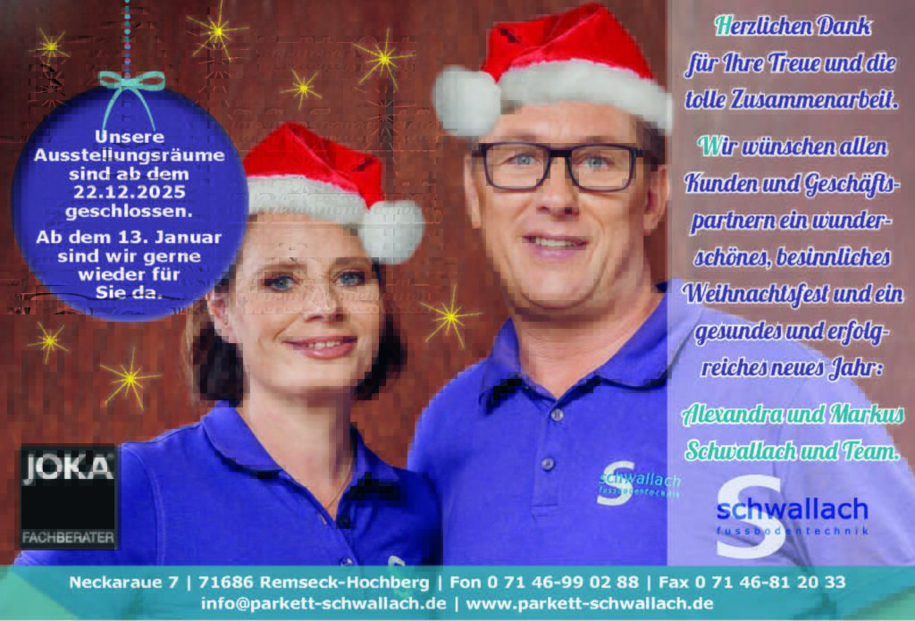 Familie Schwallach blauen Hemden und roten Weihnachtsmannmützen stehen lächelnd nebeneinander; daneben stehen deutsche Weihnachtsgrüße und die Information, dass die Fussbodentechnik Schwallach -Bodenbeläge, Vinylbelag, Parkett - Neckaraue 7 - 71686 Remseck Fussbodentechnik Schwallach geschlossen ist. - Fussbodentechnik Schwallach -Bodenbeläge, Vinylbelag, Parkett - Neckaraue 7 - 71686 Remseck